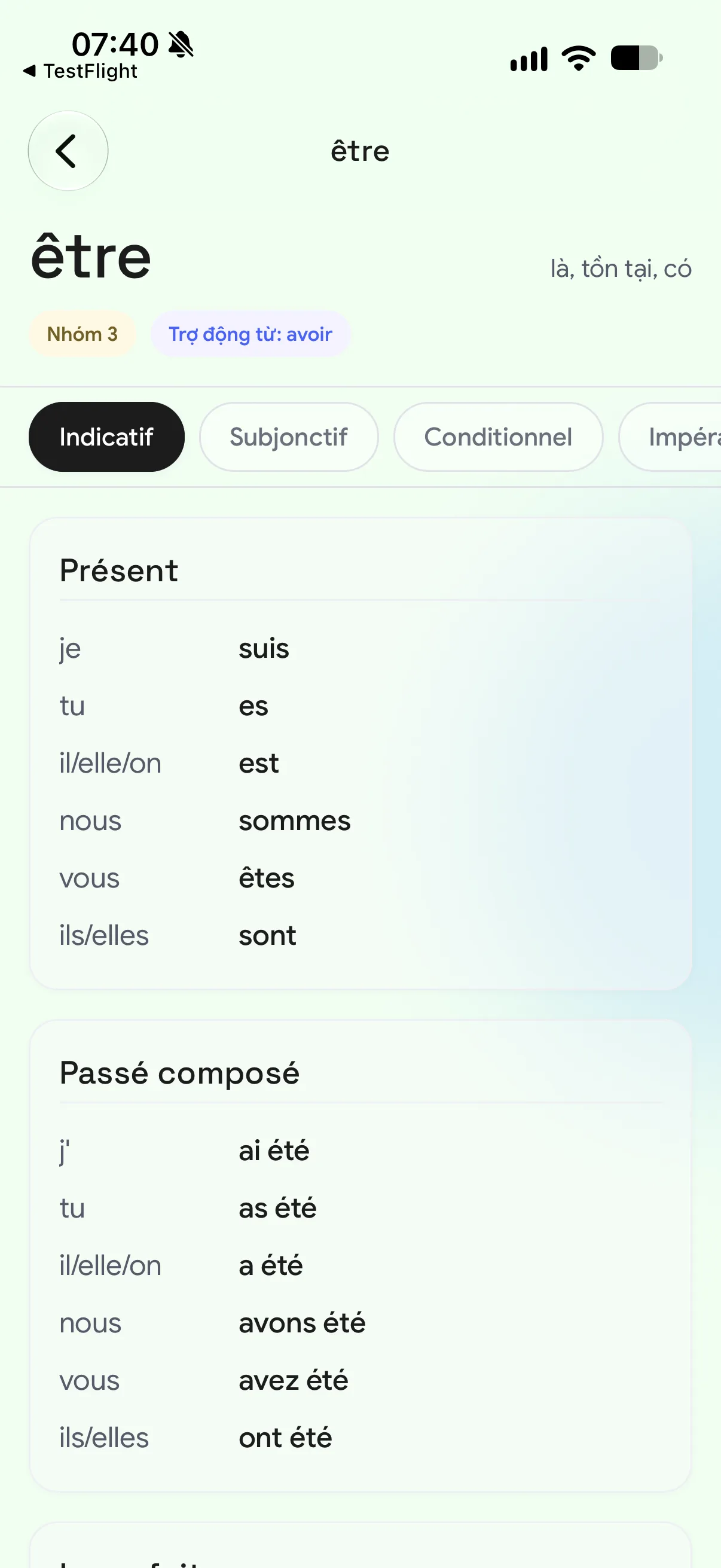 Dictionary detail view for “être”