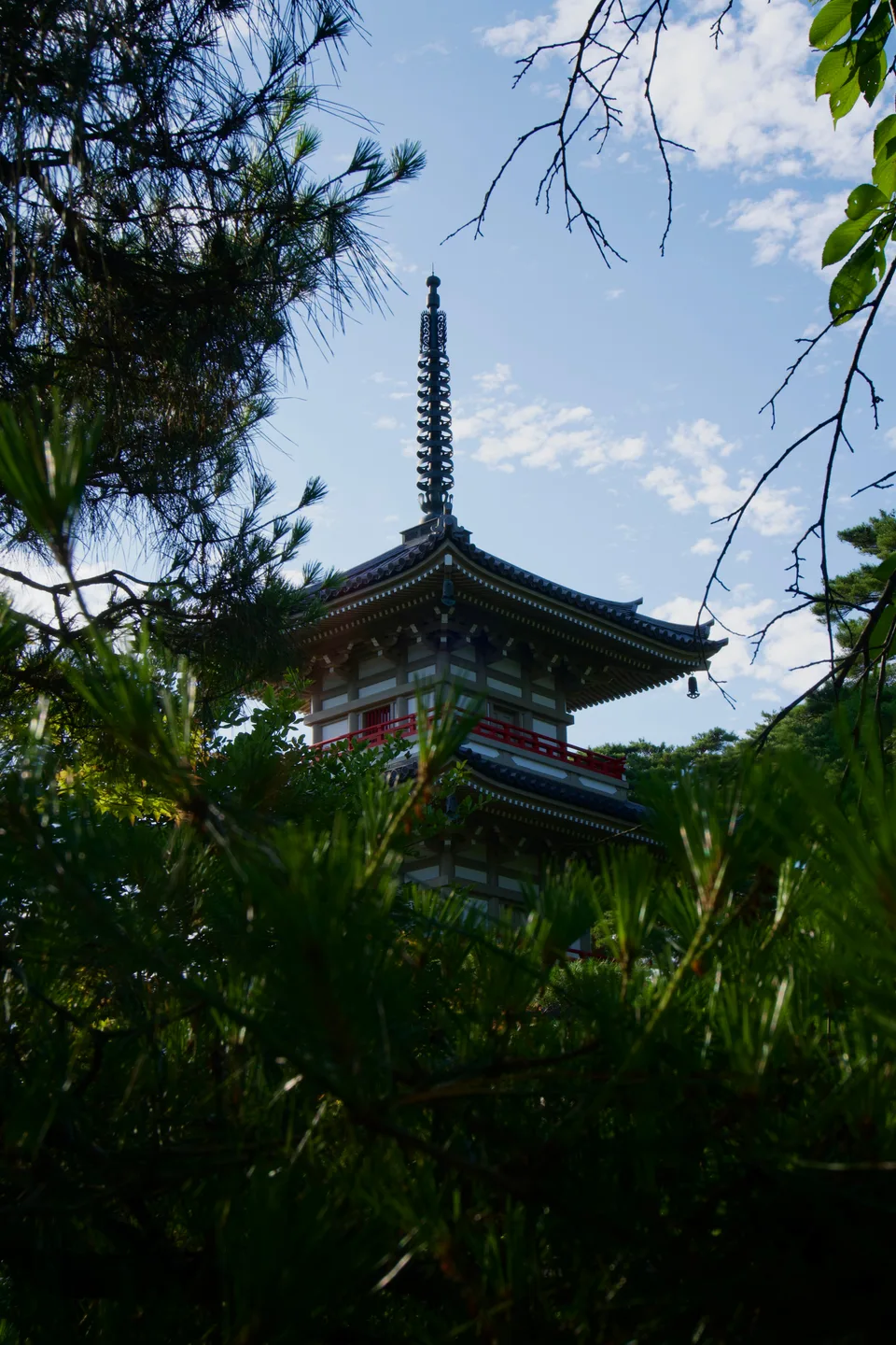 A pagoda framed by trees in Sendai