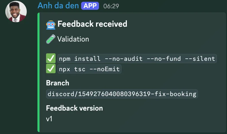 Discord bot reporting a validated Claude Code task